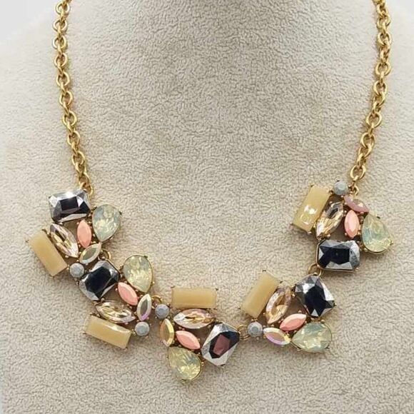 J Crew Gold, Tan, Gray, Pink Iridescent Crystal Statement Necklace - Picture 1 of 11